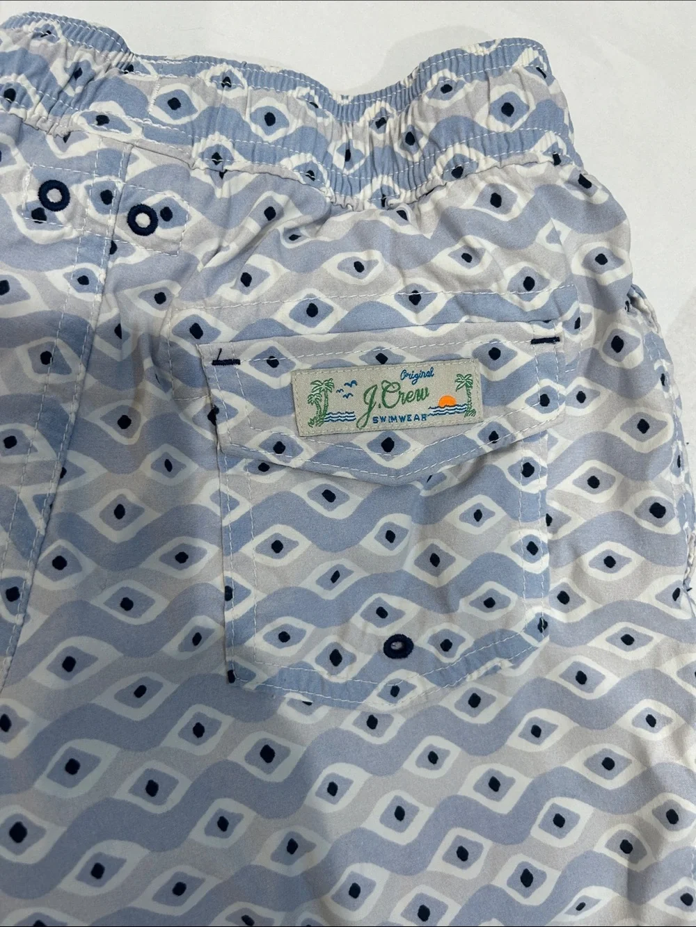 Crewcuts Boys Light Blue Geometric Swim Trunks small size 6 bathing suit